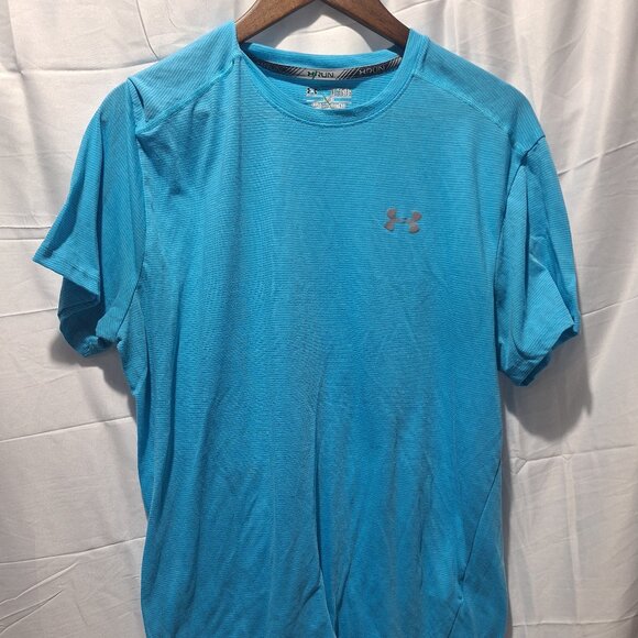 Under Armor Run Heatgear T-Shirt Mens XL Y2K Graphic Tee Spellout , Blue - Picture 1 of 3